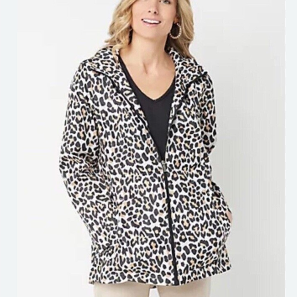 Susan Graver Leopard Print Hooded Utility Jacket in Black, White, Brown
